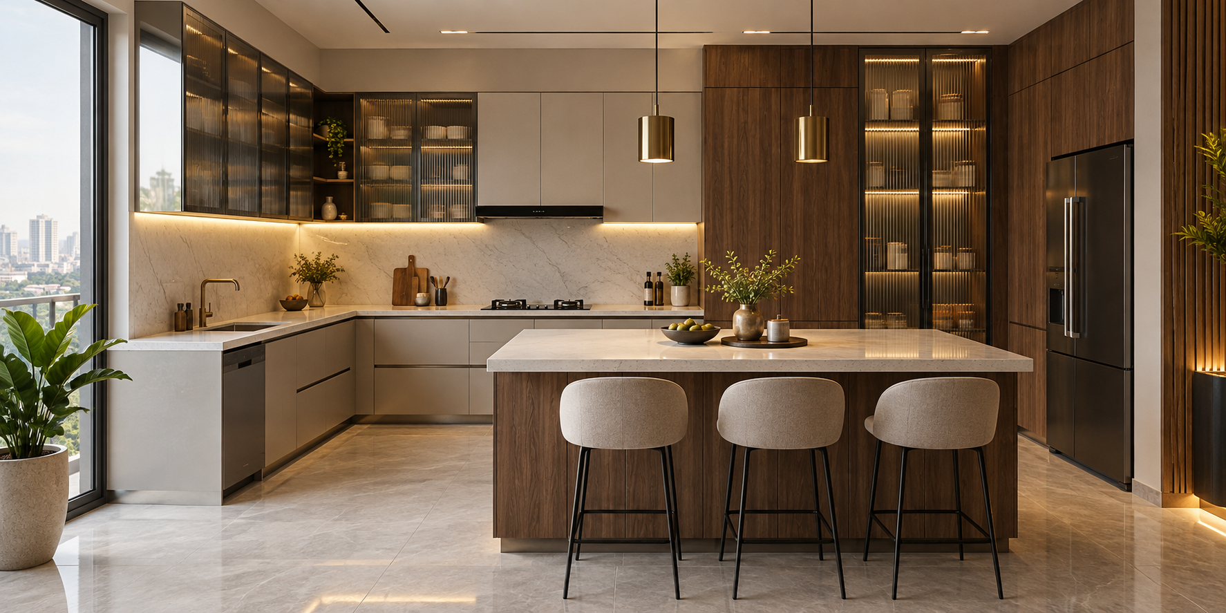 Luxury modular kitchen with walnut and ivory finishes