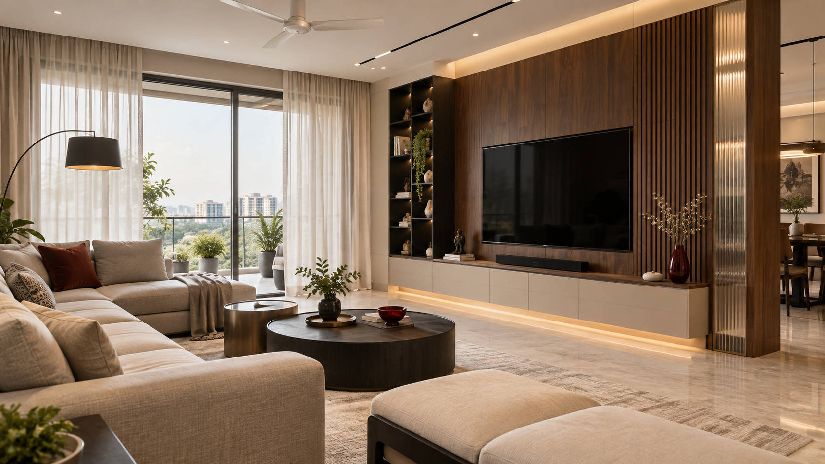 Contemporary living room interior with warm wood detailing
